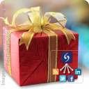 Un regalo de navidad envuelto con material rojo y adornado con un moño dorado Un regalo de navidad envuelto con material rojo y adornado con un moño dorado
